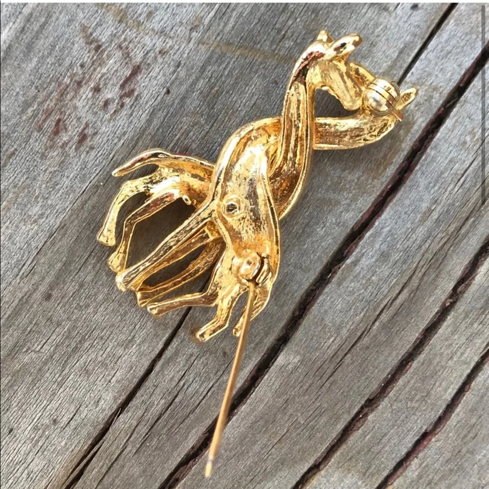 Vintage Gold Toned Enamel Entwined Giraffes Pin Brooch Orange Yellow